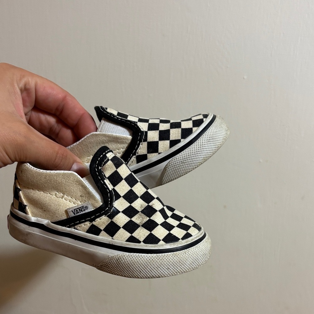Vans Kids Black and Cream Checkered Slip-On Sneakers